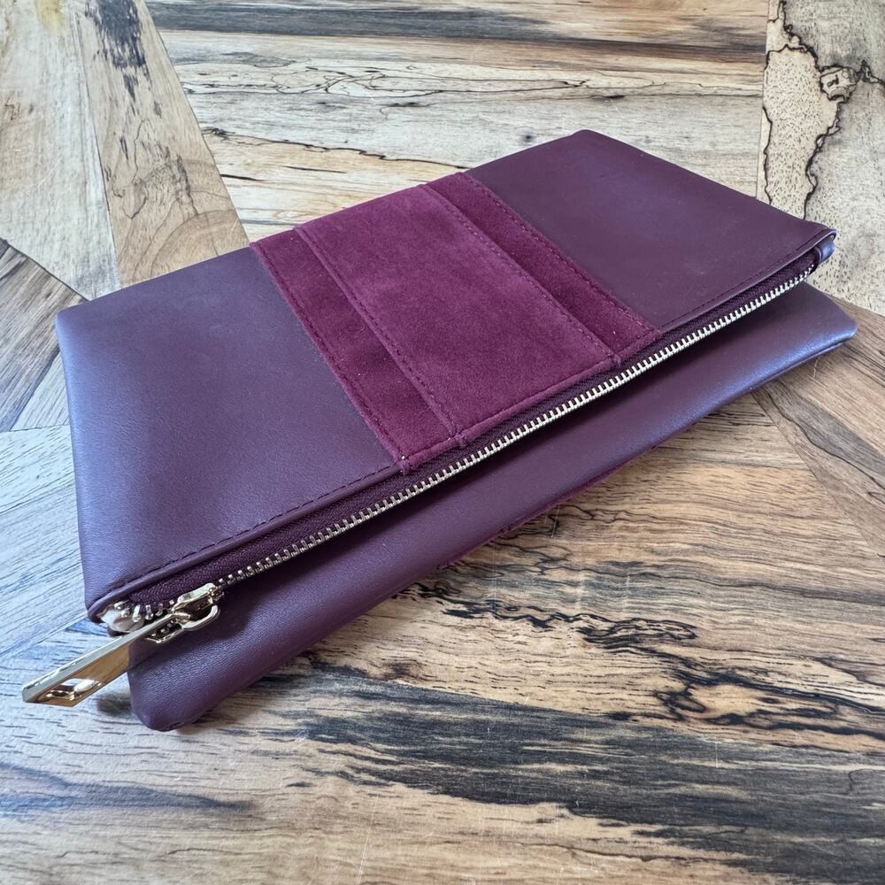 Summer & Rose Burgundy Foldover Clutch Vegan Leather Suede NWOT Gold Accents